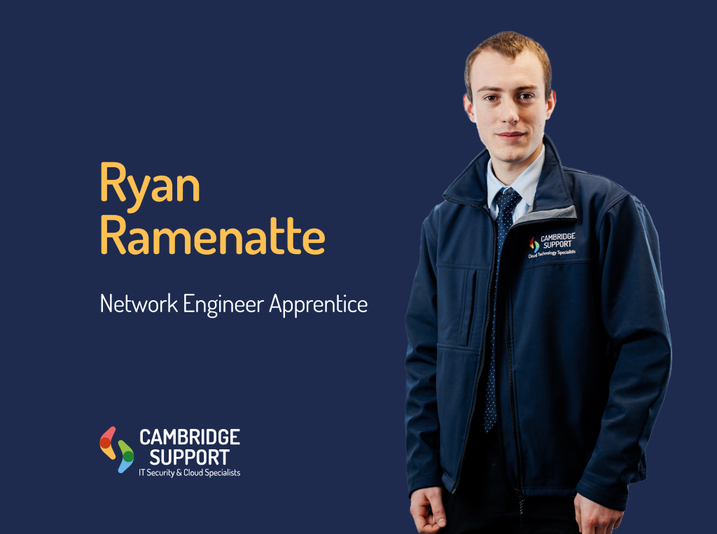 Ryan Ramenatte, Cambridge Support's new Network Engineer Apprentice smiling in his work attire.